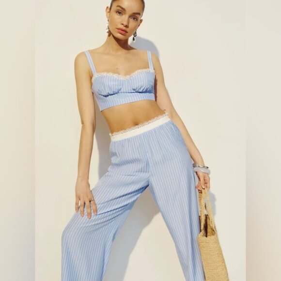 NEW Reformation Pippa Two Piece Set Top Pants Sky Blue Stripe | US 0 UK 4 - Picture 4 of 16